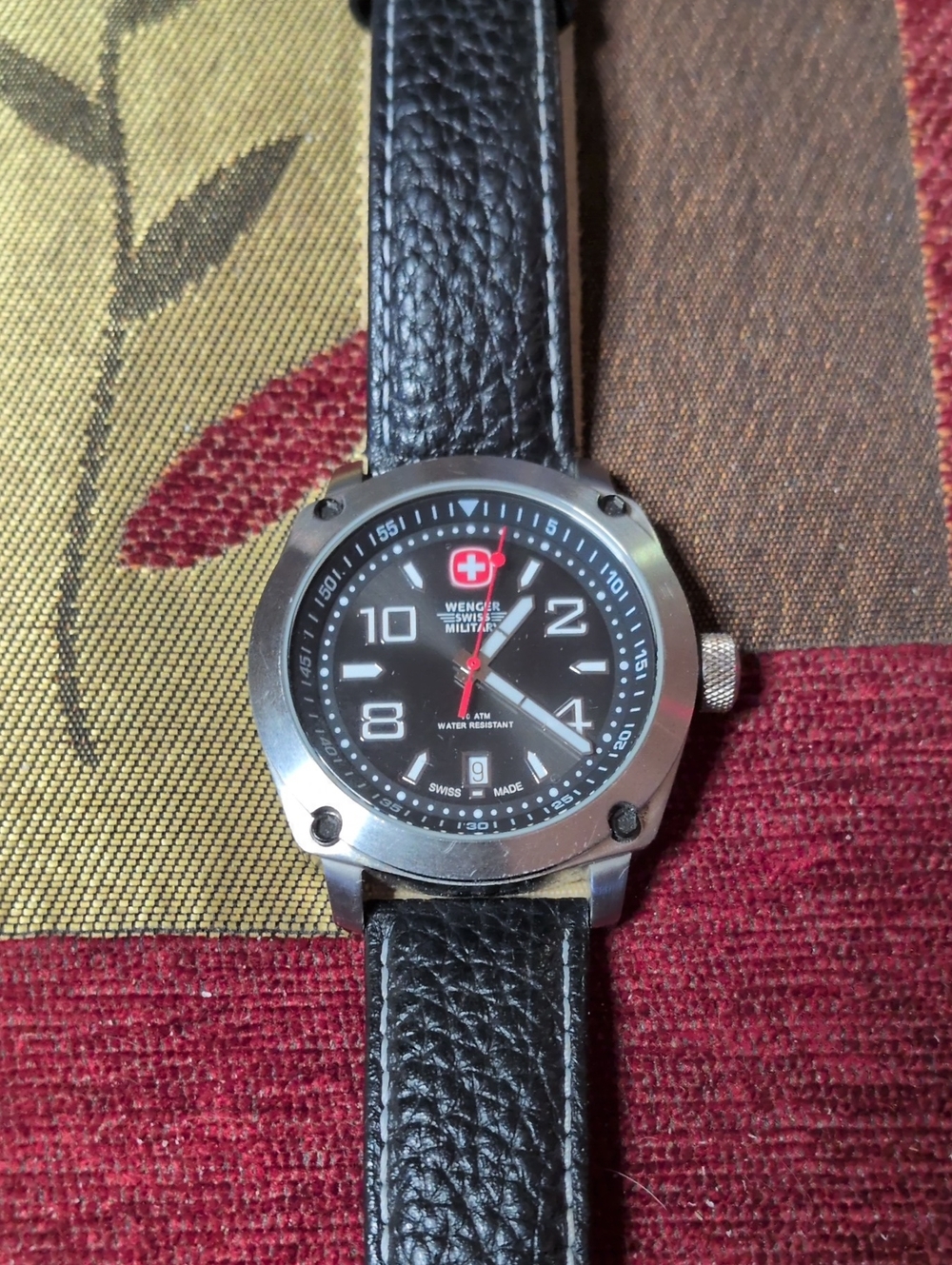 Wenger Swiss Military Black Dial Watch with Black Leather Strap and Red Accent